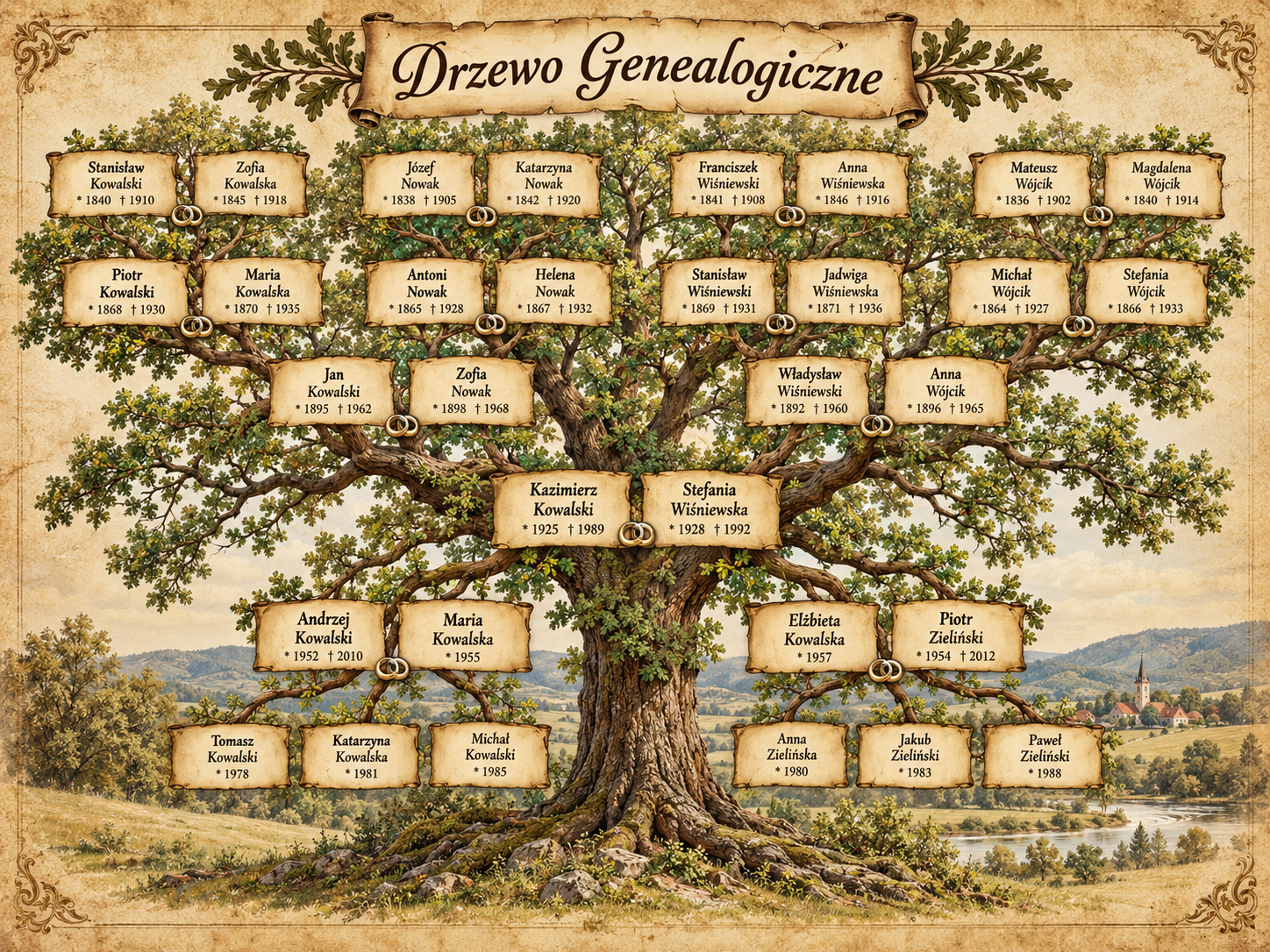 Dekoracyjne drzewo genealogiczne z nazwiskami i datami członków rodziny